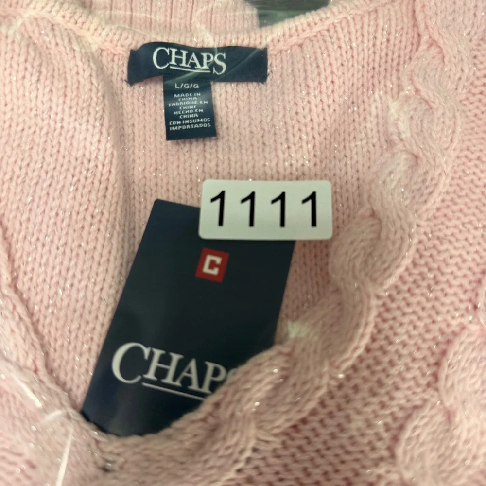 Chaps Sweater Womens L Pink Cable Knit V-Neck Metallic Shimmer Long Sleeve NEW